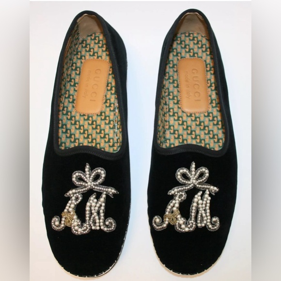Gucci Black Velvet Am Pearl Appliqué velvet Loafers Flats slipper New In Box 5.5 main image 5